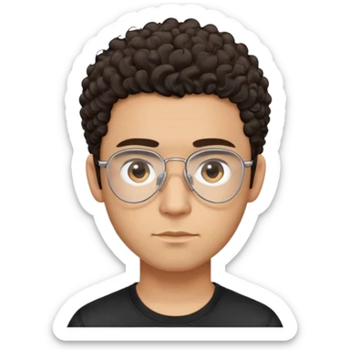 Latino man with light brown complexion, small face and prominent forehead, clear lens teardrop-shaped aviator eyeglasses with metal frame, totally shaved sides with very minimal dark curly hair only on top, gentle expression, simple black t-shirt sticker