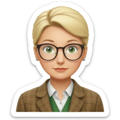 older teacher with hair pulled back into a blonde bun green eyes and glasses sticker