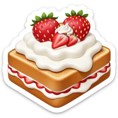 square toast topped with fluffy white cream, decorated with a strawberry bow made from two strawberry center, bright red and glossy sticker