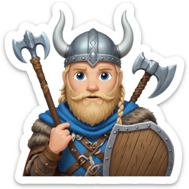 A tall Viking with braided blond beard, fur cloak, and heavy axe resting on his shoulder with horned helmet sticker