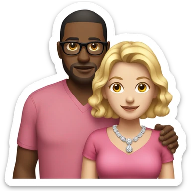 white woman wearing a pink dress and diamond necklace standing with a black guy with glasses wearing a red shirt sticker