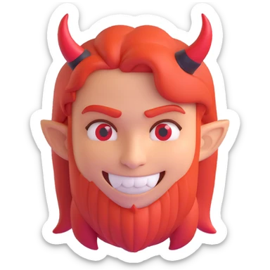 3D emoji of a red-haired character with a sinister smile, small black eyes, red devil horns sticker