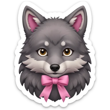 sad cute dark grey wolf with a pink ribbon sticker