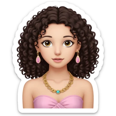 crée moi une jeune fille très belle avec les cheveux bouclés long et brune avec un top  sans manche ni brettelles juste un 'bandeau' de couleur rose clair avec un peu de maquillage et des beaux et long  cils avec un collier en or sticker