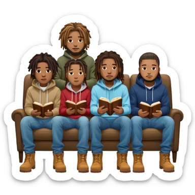 Room of African American men with dreadlocks wearing skinny jeans and timberland boots and Nike hoodies sitting in chairs reading the Bible sticker
