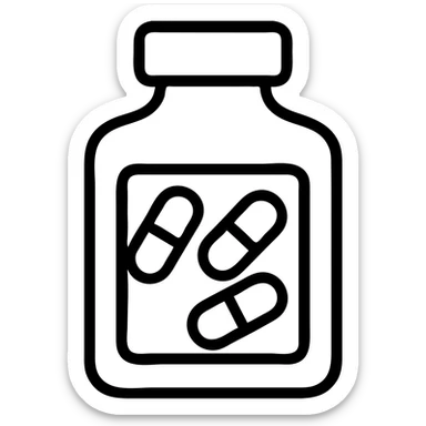 In the same minimal black and white outline style, add simple vitamin capsules inside the glass or bottle, keeping the design clean and modern, with no background. sticker