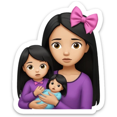 Girl with long straight black hair looking confused while holding a very tiny girl baby with a bow  sticker