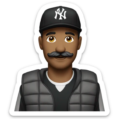 Homme, 30 ans, cheveux courts noir, moustache, casquette noir yankees noir, avec uns bière  sticker