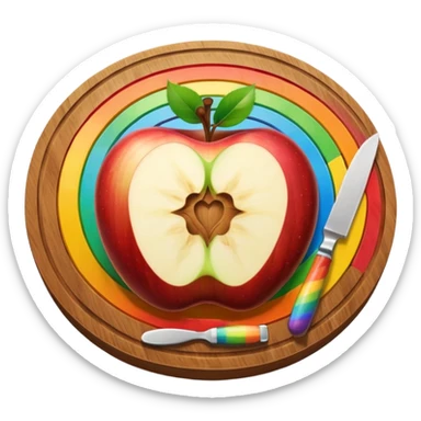 A round wooden board with a whole apple and several slices on it and knife, with a rainbow outline sticker