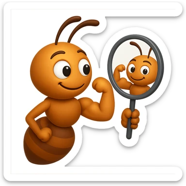 EMOJI STILE IPHONE 3D DI una formica che si guarda allo specchio felice e sicura di sè mentre contrae il suo bicipite muscoloso, fagli anche la parte bianca degli OCCHI, non solo la pupilla sticker