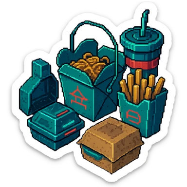 cyberpunk futuristic, 3d isometric, item image, video game item, inventory icon, the image depicts a small box of takeout, takeaway, chinese takeout food, delivery food. futuristic drive-through sandwich boxes, fries, bag and drink. dystopian. pixelated retro video game graphics sticker