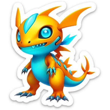 Tropical futuristic lush warm-colored neon-colored Fakémon-Digimon-creature sticker