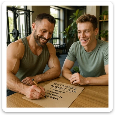 Hyperrealistic 4K image of a bodybuilding coach writing a sustainable workout plan on recycled paper with client next to him in a modern gym with eco-friendly details. Positive and motivational atmosphere with natural light and plants. sticker