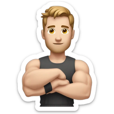 Close up Actively gesturing  with hands Pale skinned Fit Man With the biceps and brown hair in dark gray Sleeveless Mike, black oversize sports shorts, watch and white Sneakers sticker