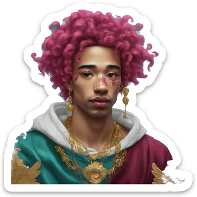 Vintage painting swirls gold jewellery baroque raven wings angel tropical Deep pink maroon burgundy cyan dark hoodie man vitiligo dyed hair gold piercings nose piercing ear piercings sticker