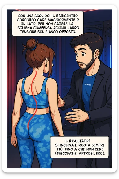 fai questa immagine in versione manga/webtoon a colori, il manga mostra la donna di spalle, mentre l'uomo le tocca la spina dorsale per spiegarle come funziona la scoliosi:
Con una scoliosi il baricentro corporeo cade maggiormente da un lato; per non cadere la schiena compensa accumulando tensione sul fianco opposto.
Il risultato? Si inclina e ruota sempre più, fino a che non cede (discopatie, artrosi, ecc) sticker
