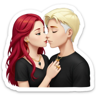 couple kissing, girl with long cherry red hair, blonde eyebrows, gold jewelry, boy with SHORT PURE WHITE hair like snow, dark t-shirt, silver ring with black stone sticker