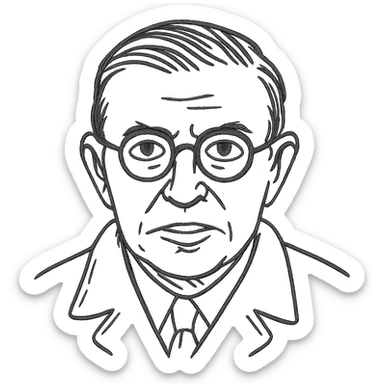 a hand drawn black outline portrait of Jean-Paul Sartre with similar-sized eyes based a famous portrait of him sticker