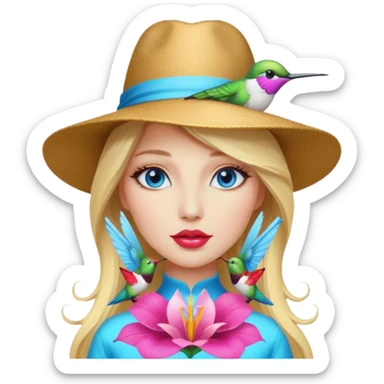 bust woman long blonde hair blue eyes white skin with hummingbird hat and nectar glow lips sticker