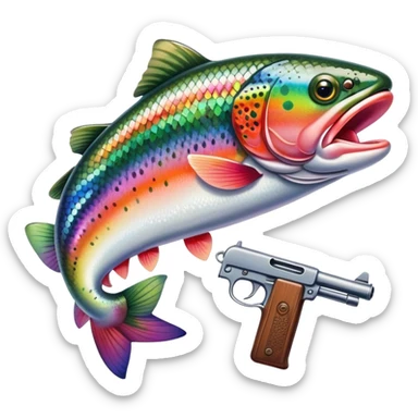 Rainbow trout holding a pistol sticker