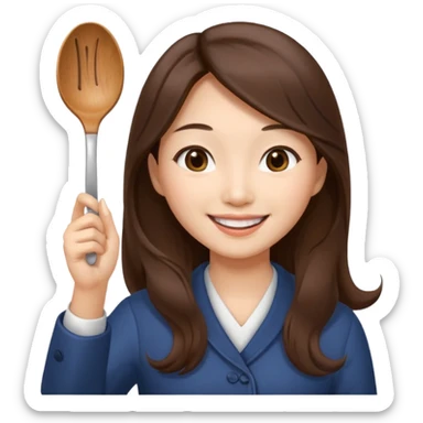 An Asian woman with long brown hair waving and greeting with a spoon in her hand sticker