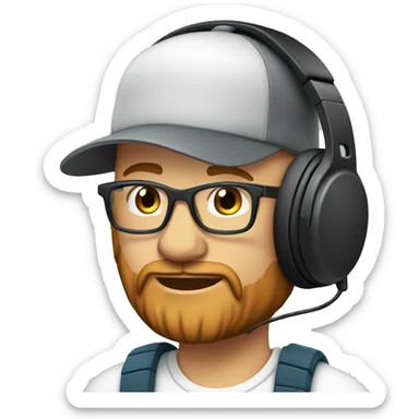 37 year old male, balding, with a snap back cap, red beard, headphones on, clear glasses, speaking into microphone sticker