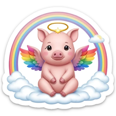 peaceful pig with a glowing halo, sitting on a rainbow bridge with wings folded sticker