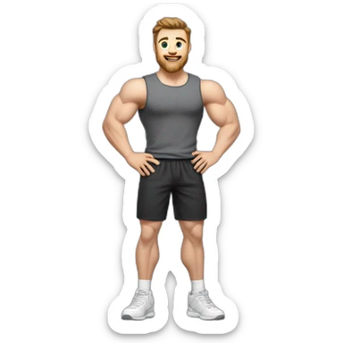Full height Actively gesturing with hands Pale skinned Fit Man With the biceps and brown hair in dark gray Sleeveless Mike, black oversize sports shorts, watch and white Sneakers sticker
