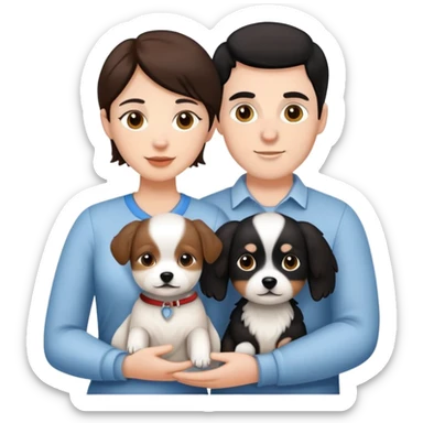 white male with brown hair and white female with black hair couple holding little white dog sticker