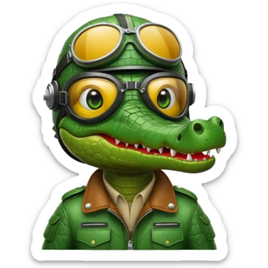 cartoon crocodile with a bomber pilot helmet and goggles, looking adventurous and bold, modern emoji style sticker