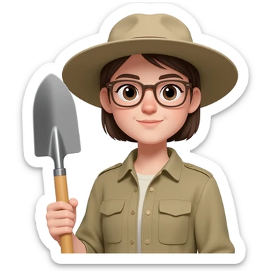 archaeologist girl with glass, holding archaeologist tool sticker