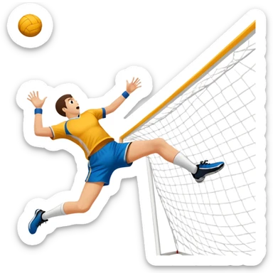 A handball thrown towards the goal, mid-air, with the goalposts and court lines in the background. The scene captures the power and precision of the throw, with the net of the goal in focus, emphasizing the dynamic action of the sport. sticker