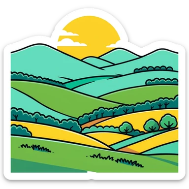 a sunlit meadow with rolling hills, cartoonish sticker style sticker