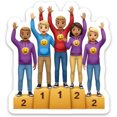 multi-racial men and women standing on a brown winners’ podium with the middle podium position elevated, each person casually dressed in fun, colorful jeans, t-shirts, and hoodies, excited, fun, expressive emoji style, no numbers on the podium sticker