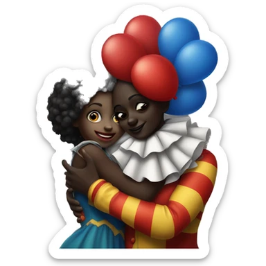 Dark skin girl hugging a clown, clown has on clown makeup, red nose,  sticker