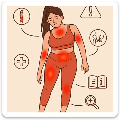 Medical infographic style illustration of a woman with asymmetric posture and tilted pelvis, visible inflammation with red and swollen areas, icons and symbols highlighting critical zones, educational atmosphere. sticker