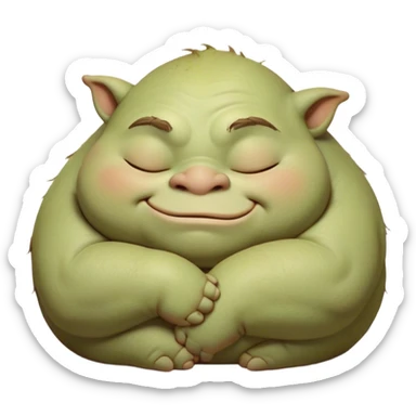 Meme-Worthy Cute Sleeping Ogre Portrait Emoji, with a surprisingly endearing, plump figure in soft earthy greens and browns, head drooping gently with closed, relaxed eyes and a content, sleepy grin, simplified yet adorably detailed, glowing with a soft warm outline that captures the peaceful slumber of a friendly ogre after a day of gentle mischief! sticker