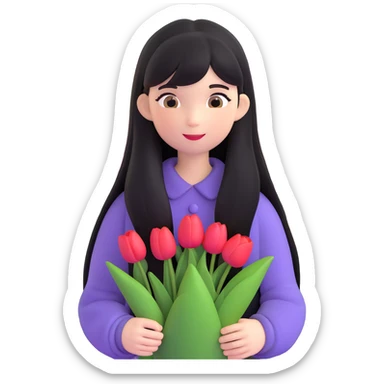 girl with long black hair and thin bangs, holding tulips in a garden sticker