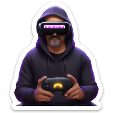 Big Lebowski wearing a black hoodie with "OMG" letters on it and VR headset oculus quest 2 in a cyberpunk VR environment with violet neon lighting. sticker