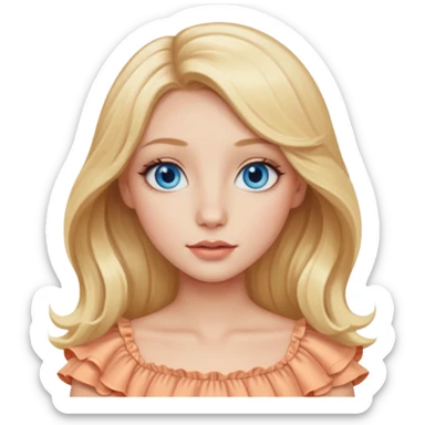 Blonde girl with blue eyes, long round nose, wide thin lips, long oval face shape, ruffle peach top, long blow out middle part hair sticker