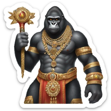 male gorilla with indian male jewellery and  indian traditional wear, holding a  huge weapon, humanoid, holding another  huge weapon  sticker