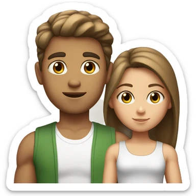 girl with light brown hair, straight and loose; with green eyes, a gray tank top next to a boy with short straight but voluminous brown hair and brown eyes, and wearing a white t-shirt sticker