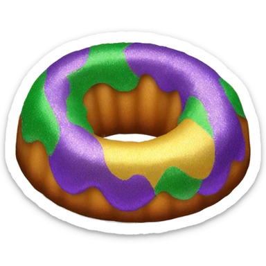 Realistic isolated flat mardi gras oval bundt king cake with glitter icing on top half of the cake. sticker