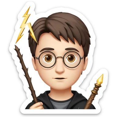 Harry Potter with glasses, lightning scar, and wand sticker