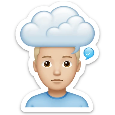 A thinking male person with a white thought cloud sticker