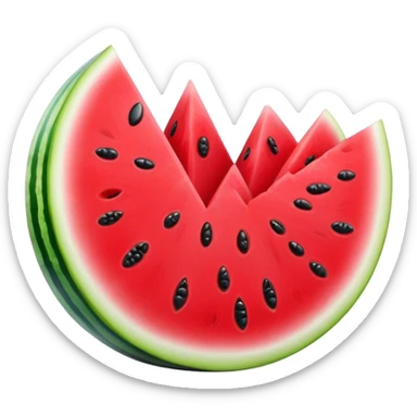 Cinematic juicy watermelon, thick slices revealing vibrant red interior, glossy and glistening with tiny black seeds, fresh and refreshing, soft glowing background, summer vibes. sticker
