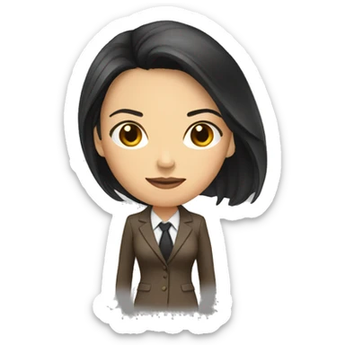 Female defense attorney with long black hair with brown suit sticker