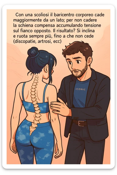 fai questa immagine in versione manga/webtoon a colori con stile di disegno carino e moderno, il manga mostra la donna di spalle, mentre l'uomo le tocca la spina dorsale per spiegarle come funziona la scoliosi:
Con una scoliosi il baricentro corporeo cade maggiormente da un lato; per non cadere la schiena compensa accumulando tensione sul fianco opposto.
Il risultato? Si inclina e ruota sempre più, fino a che non cede (discopatie, artrosi, ecc) sticker