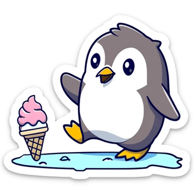 Clumsy penguin slipping on ice with ice cream cone sticker