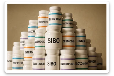 montagna di barattoli di integratori contro la SIBO con etichette in italiano sticker